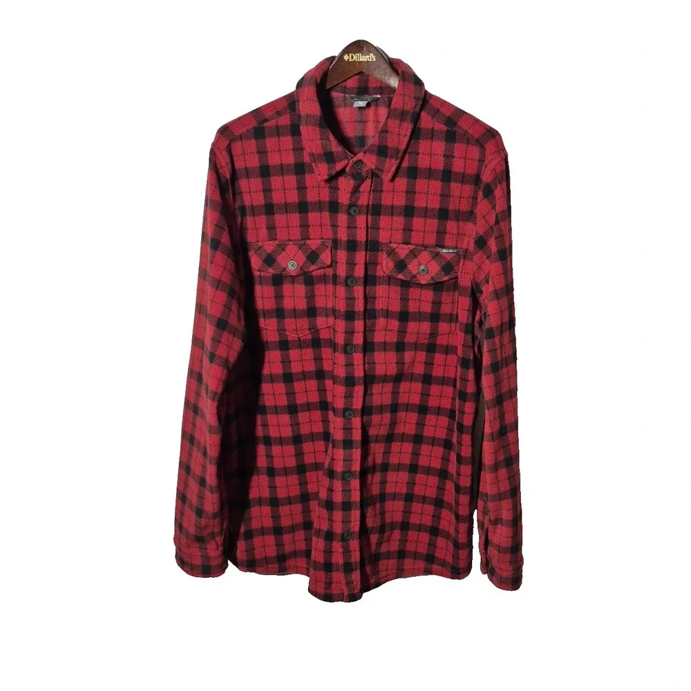 Eddie Bauer Shirt Mens Tall‎ XL Red Black Plaid Fleece Button Front Long Sleeve